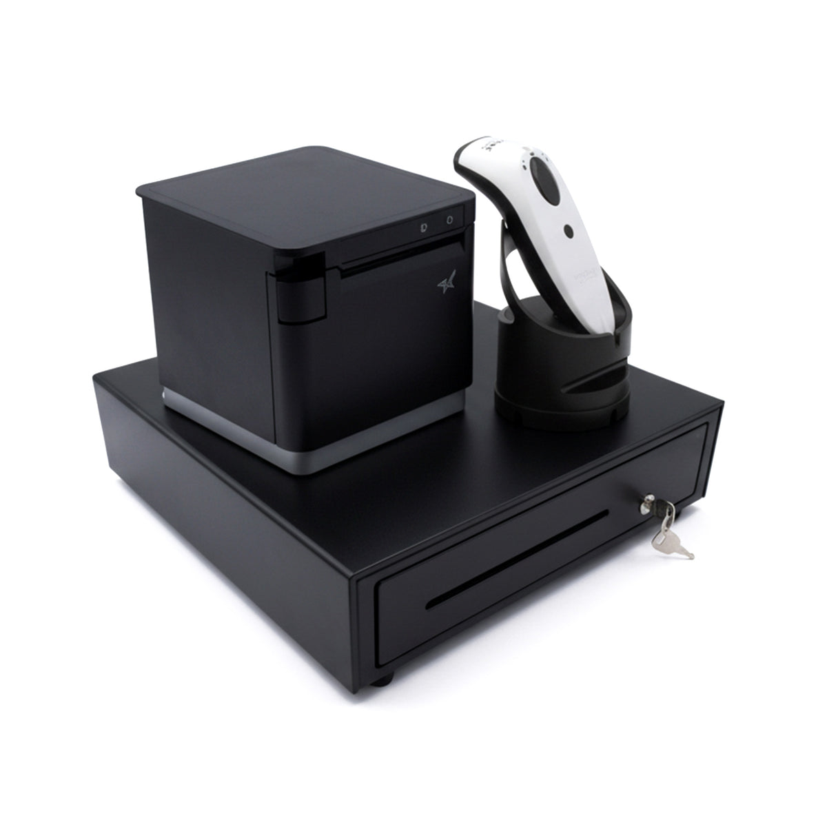POS Set in Schwarz: Kassenschublade, externer Bondrucker und Handscanner in der Ladestation