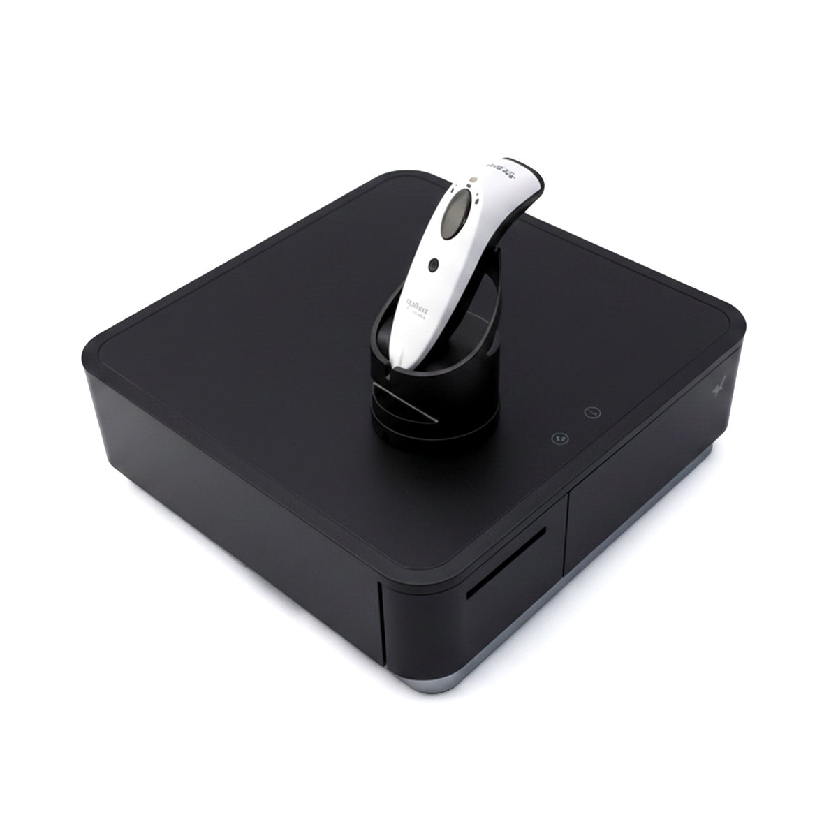 POS Set in Schwarz: Kassenschublade mit integriertem Bondrucker und Handscanner in der Ladestation