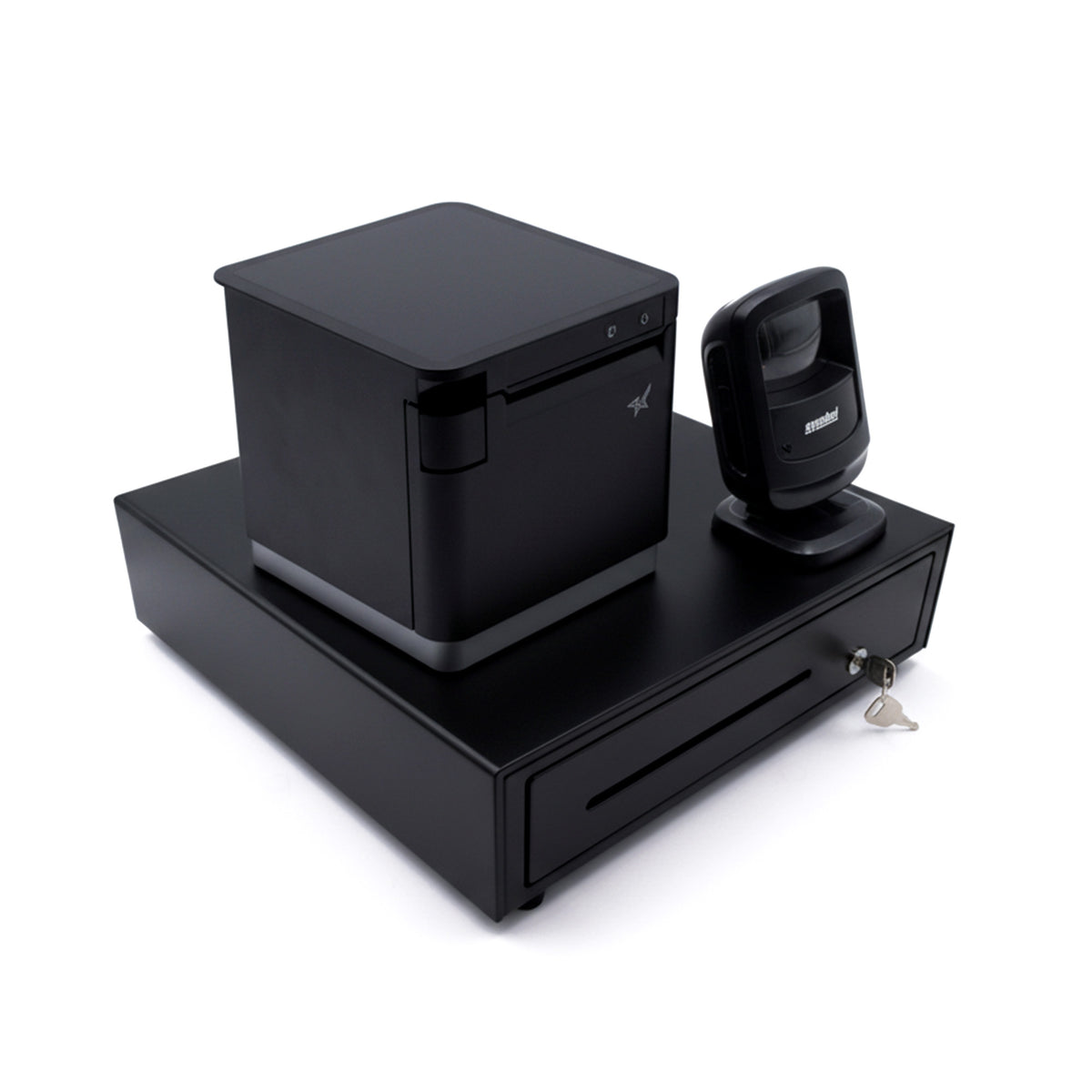 POS Set in Schwarz: Kassenschublade, externer Bondrucker und Standscanner