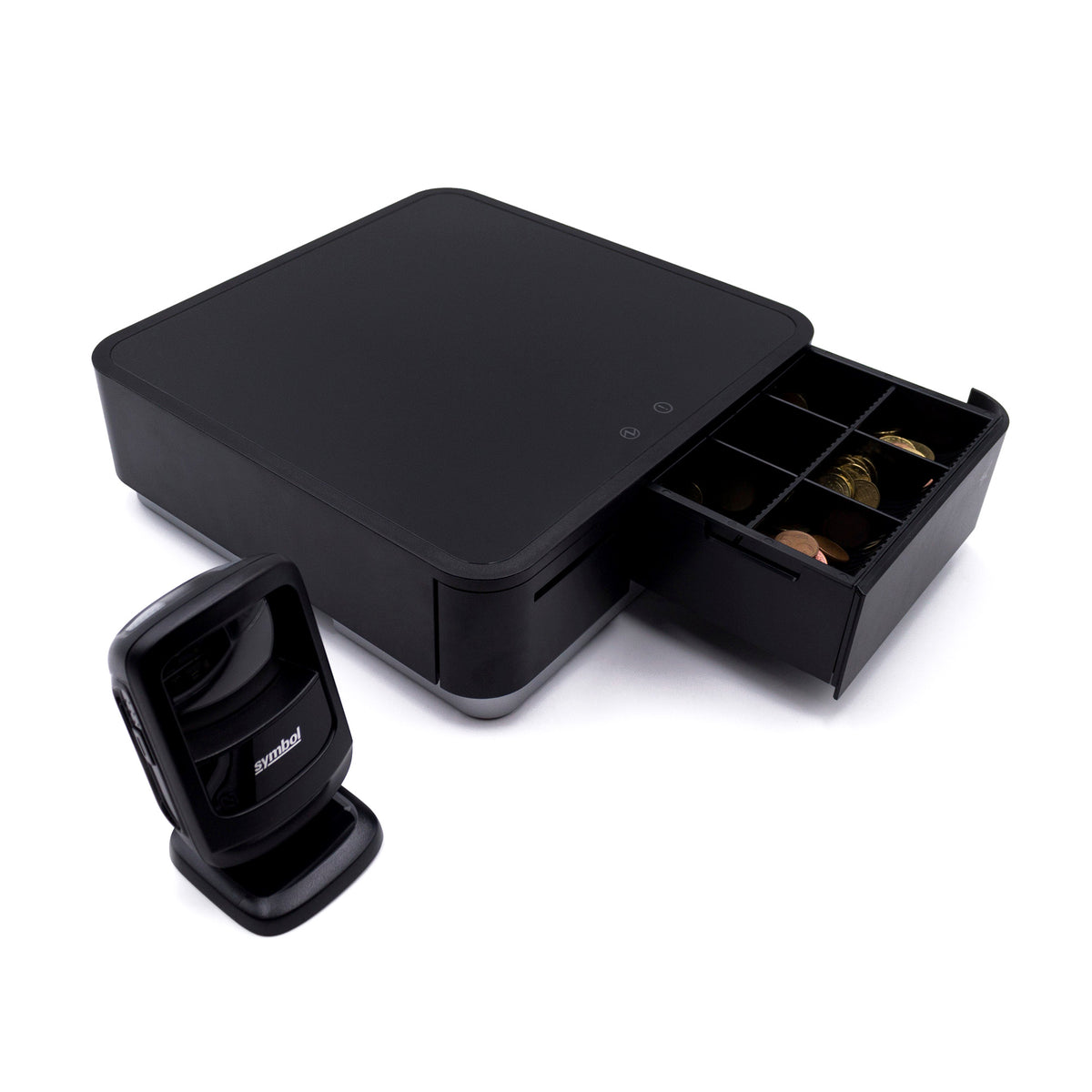 POS Set in Schwarz: Kassenschublade mit integriertem Bondrucker, geöffnet, und Standscanner