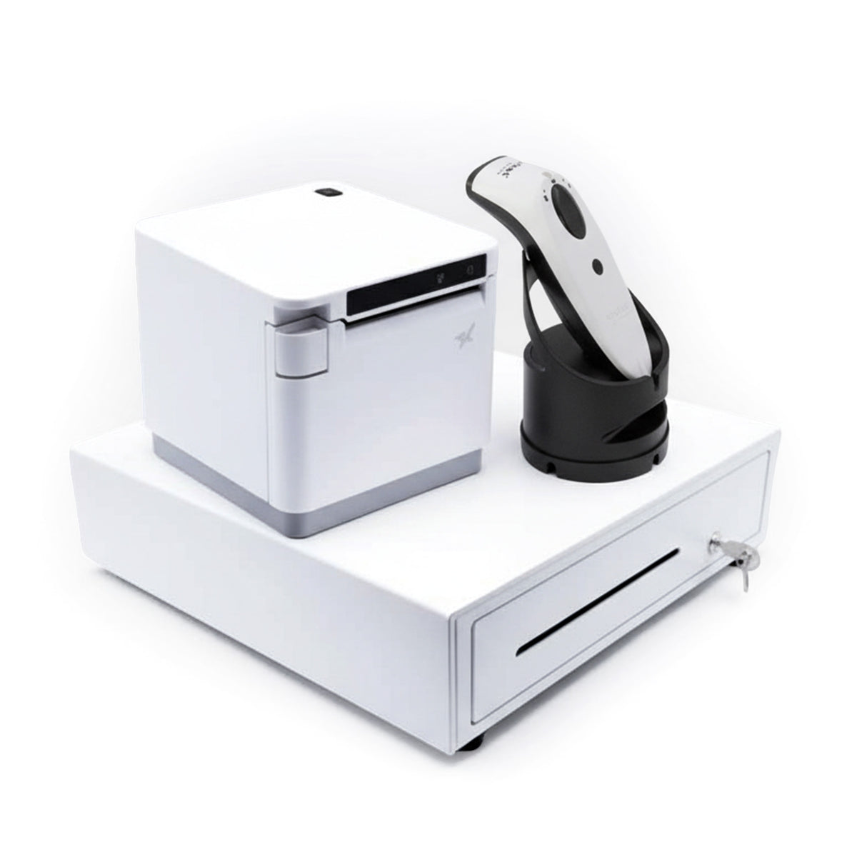 POS Set in Weiß: Kassenschublade, externer Bondrucker und Handscanner in der Ladestation