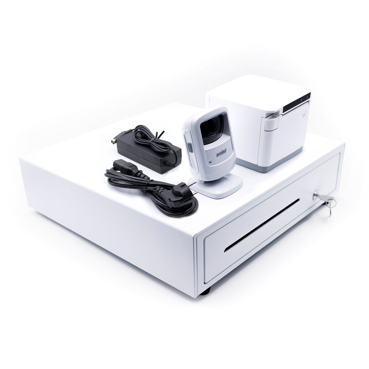 POS Set in Weiß: Kassenschublade, externer Bondrucker, Standscanner und Netzteil