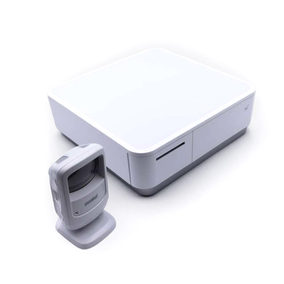 POS Set in Weiß: Kassenschublade mit integriertem Bondrucker und Standscanner